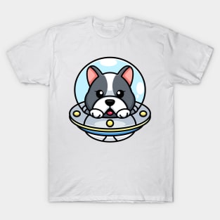 Cute dog flying with spaceship ufo cartoon T-Shirt